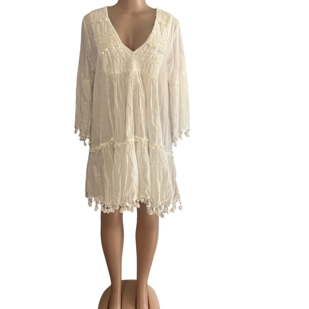 Amtica Santaria Positano White Boho Tunic Dress with Pom Pom Trim
